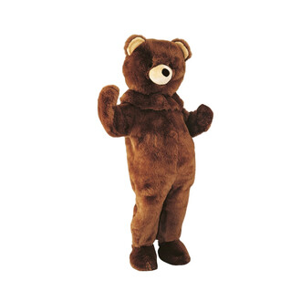 Mascotte Arthur Ours Brun en peluche, de couleur marron, représentant un ours avec des oreilles arrondies et un visage souriant. La mascotte est en position debout avec un bras levé et un aspect doux et accueillant.