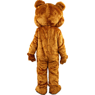 Vista posteriore del costume da mascotte Teddy the Cute Bear in peluche marrone, che mostra la chiusura centrale con cerniera, le orecchie rotonde e le zampe imbottite.