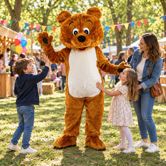 Grande orsetto Teddy, mascotte in peluche marrone con la pancia bianca, che saluta un bambino durante una festa all'aperto con ghirlande colorate.