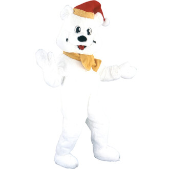 Mascotte d'ours de Noël, en costume blanc avec un chapeau rouge et une écharpe jaune, souriante et faite pour divertir.