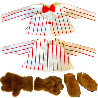 Costume de mascotte ours rigolo comprenant une veste à rayures blanches et rouges avec un nœud papillon rouge, accompagné de gants et de pattes en fourrure marron.