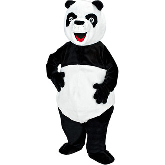 Costume de mascotte représentant un panda avec un pelage noir et blanc, sourire amical, mains posées sur les hanches, conçu pour des animations et événements festifs.