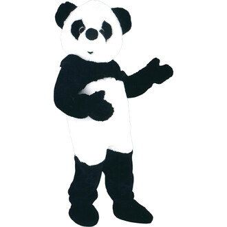 Mascotte représentant un panda mignon, vêtu d'un costume noir et blanc, avec une expression accueillante et un bras levé pour faire un geste amical.