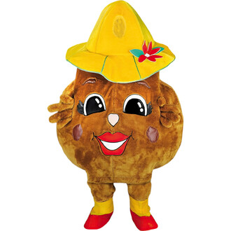 Mascotte de Madame Patate, costume en peluche marron avec un grand sourire, yeux ronds et larmoyants, portant un chapeau jaune orné d'une fleur. Les bras et les jambes sont également moelleux, avec des chaussures rouges.