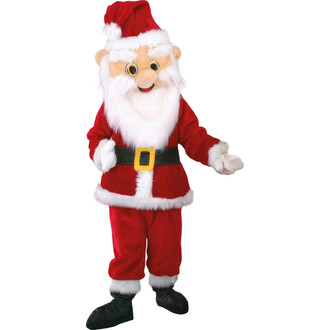 Mascotte Père Noël en costume rouge avec ceinture noire, portant un chapeau de Noël. Le personnage a un visage souriant avec des lunettes, une barbe blanche et des gants blancs, se tenant debout avec un bras légèrement levé.