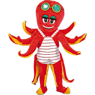 Mascotte pieuvre rouge souriante avec des lunettes de soleil, portant une salopette rayée blanche et rouge. Elle a plusieurs tentacules jaunes et une expression amicale.