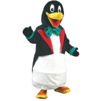 Costume de pingouin avec queue-de-pie, portant un nœud papillon turquoise et une veste noire avec des garnitures rouges, affichant un sourire joyeux et levant une patte dans une pose amicale.