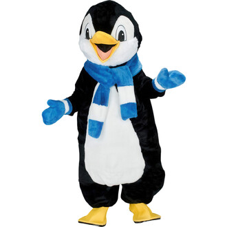 Mascotte Frizi le Pingouin, costume en peluche noir et blanc avec un sourire joyeux, portant une écharpe bleue et des gants, se tenant les bras ouverts, prêt à accueillir.