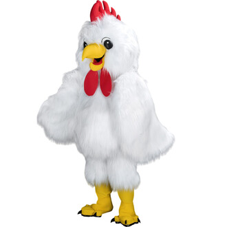 Mascotte Petite Poule, déguisement en forme de poule avec un plumage blanc, un peigne rouge sur la tête, un bec jaune, des pattes jaunes et des yeux grands et expressifs. La mascotte est en position debout, les bras légèrement écartés.