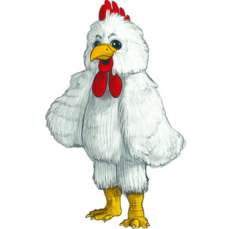 Mascotte Petite Poule, costume de poule blanche avec un plumage duveteux, une crête rouge sur la tête, un bec jaune et des pattes jaunes. Elle se tient debout avec une expression amicale.