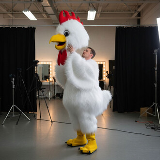 Un homme en costume de mascotte représentant une poule, avec un plumage blanc duveteux, un grand bec jaune et une crête rouge. Il ajuste le costume dans un studio lumineux, entouré de trépieds et de lumières avec des rideaux noirs en arrière-plan.