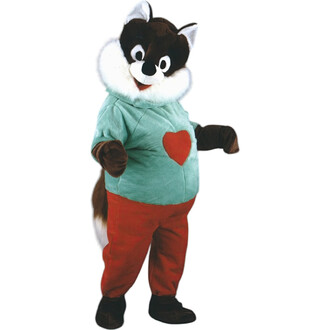 Mascotte Putois Joli Coeur représentant un personnage en costume de putois, avec un haut vert orné d'un cœur rouge, un pantalon rouge, et des gantes marron, se tenant debout avec un sourire amical.