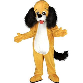 Mascotte Riff le Chien, costume en peluche de chien jaune avec une grande tête expressive, des yeux ronds, une langue tirée et des oreilles noires. Le personnage a un corps intégral et se tient avec les bras ouverts, prêt à accueillir.