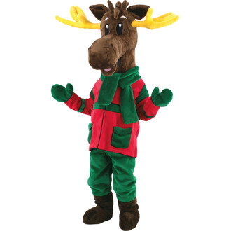 Costume de mascotte représentant Rudolphe le Renne, avec un corps brun, des bois dorés, une écharpe et une veste rouge et verte, affichant une expression joyeuse et des bras ouverts.