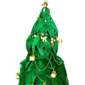 Mascotte représentant un sapin de Noël, en velours vert, décorée de guirlandes dorées, de boules et de petits cadeaux. La forme stylisée et les ornements créent un effet festif adapté pour les événements de Noël.