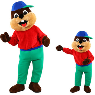 Una grande mascotte di Tamia con un berretto blu, una maglietta rossa e pantaloni verdi, accanto a una versione bambina della stessa mascotte, un castoro sorridente con denti bianchi ben visibili.