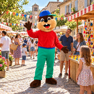 Un gigantesco scoiattolo di peluche, mascotte di una festa di paese, sorridente e vestito con un berretto blu, una maglietta rossa e pantaloni verdi, saluta i passanti in una piazza affollata di bancarelle.
