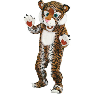 Costume de mascotte tigre, avec un pelage rayé orange et noir, une grande tête à yeux expressifs et une bouche souriante, se tenant debout avec les pattes levées dans une posture amicale.