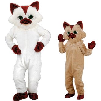 Mascotte Tikiwi le Chat en costume, à gauche avec un pelage blanc et des détails marron, à droite en version petite mascotte avec un pelage beige, les deux ayant des yeux verts et une posture amicale.