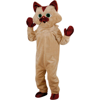 Costume de mascotte représentant un chat nommé Tikiwi, avec un corps en peluche beige, des oreilles et des pattes rouges, un grand visage souriant avec des yeux verts et un nez rouge. Le personnage est en position debout, les bras levés, dans une posture 