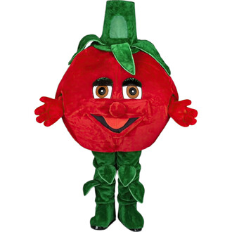 Mascotte de tomate en costume rouge vif avec un visage souriant, des yeux grands et marron, et une bouche orange. Elle est dotée de bras ouverts et de jambes vertes avec des feuilles, représentant la tige de la tomate.