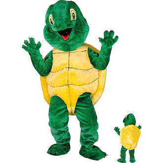 Costume de mascotte en forme de tortue, avec un corps vert et une carapace jaune, souriant et levant les bras. Un second personnage plus petit représentant la même tortue est visible de dos.