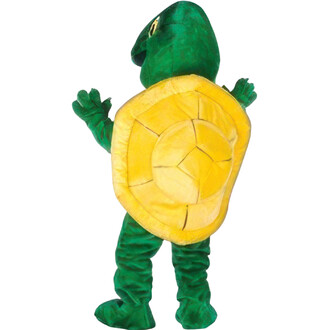 Costume de mascotte représentant une tortue, avec une carapace jaune et des détails verts, vue de dos. Le costume est en matériau pelucheux et inclut des gants.