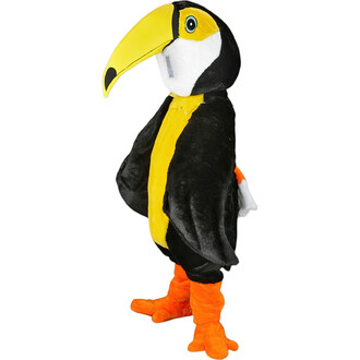 Costume de mascotte représentant un toucan, avec un grand bec jaune, un plumage noir et jaune, et des pattes orange. La mascotte est debout, avec les bras écartés, prête à divertir lors d'événements.