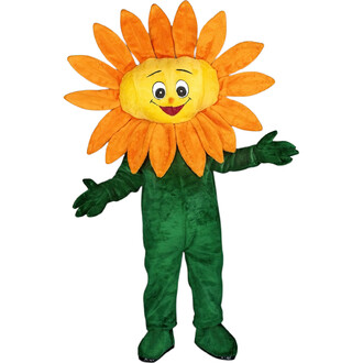 Mascotte de tournesol avec une tête en forme de fleur souriante, entourée de pétales orange vif, sur un corps vert, les bras écartés et accueillants.