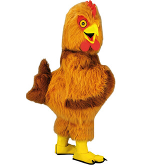 Costume de mascotte en forme de poule, avec un pelage jaune et brun, des pattes jaunes, et une grande tête avec un bec et des yeux expressifs. Le costume est en posture debout, prêt à interagir.