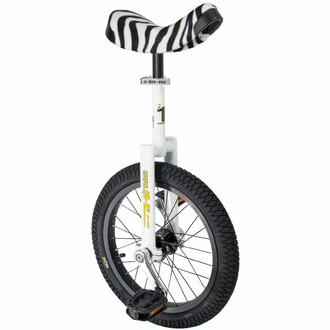 Monocycle Luxus 16 pouces blanc avec selle zébrée - Ce monocycle dispose d'un cadre robuste en acier peint en blanc et d'une selle confortable recouverte d'un tissu à motif zébré. Idéal pour les débutants et les jongleurs de rue, il est équipé de pédales 