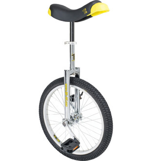 Monocycle Quax Luxus 20 avec un cadre chromé, une selle noire avec un embout jaune, une roue de 20 pouces et des pédales noires.