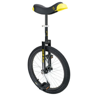 Monocycle Quax Luxus 20 avec une roue de 20 pouces, un cadre noir, une selle ergonomique noire avec des détails jaunes, et des pédales noires. Le logo www.QU-AX.com est visible sur le cadre, et le design est optimal pour le confort et la performance.