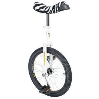 Monocycle Quax Luxus 20 avec un cadre blanc, un siège à motif zèbre et une roue noire à rayons. Les pédales sont de couleur noire avec une bande réfléchissante.