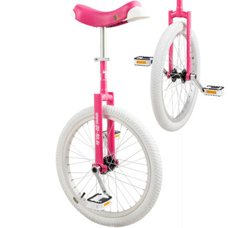 Monocycle Quax Luxus 20 de couleur rose, avec une selle ergonomique blanche et un cadre en métal. Le monocycle est équipé de roues blanches et de pédales noires. Une vue détail montre la roue et les pédales, mettant en évidence la conception robuste et es