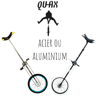 Reclame voor de Qu-Ax aluminium giraffenzitstok: Qu-Ax-logo bovenaan, een silhouet in het midden en twee eenwielers met lange frames onderaan.
