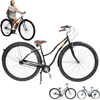 Vélo de ville Monster Bike 36 pouces, avec un cadre noir élégant, des grandes roues, une selle marron, et des poignées en bois. Des images supplémentaires montrent d'autres modèles de vélos, avec une cycliste en tenue estivale sur l'un d'eux.