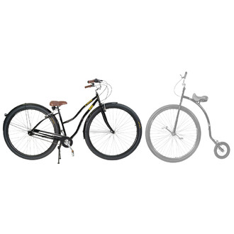 Bicyclette Monster Bike de 36 pouces, affichant un cadre noir élégant avec des détails en jaune, et un large pneu avant. La selle est en cuir marron, et le guidon est équipé de poignées en bois. À droite, une image en transparence d'une bicyclette à grand