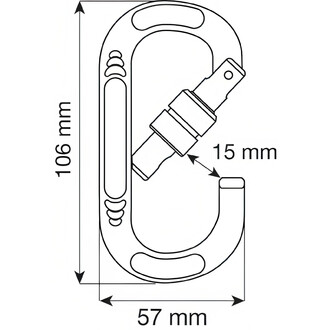 Mousqueton ovale compact lock avec dimensions indiquées : 106 mm de hauteur et 57 mm de largeur, incluant un détail de verrouillage de 15 mm. Illustration technique en noir et blanc.