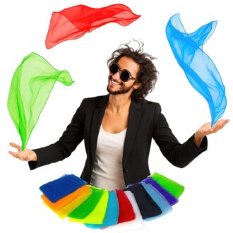 Homme souriant avec des lunettes de soleil, lançant plusieurs foulards de jongle colorés, dont un rouge, un vert et un bleu. En bas, une rangée de foulards dans diverses couleurs est visible. Le tout évoque l'art du jonglage avec des foulards de 70 cm x 7