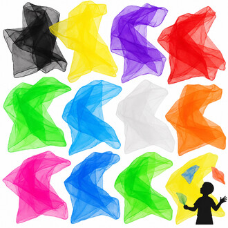 Dodici sciarpe da giocoliere realizzate in tessuto leggero e traslucido, nei colori nero, giallo, viola, rosso, verde, blu, bianco, arancione, rosa e blu scuro, disposte su tre file, con la silhouette di un bambino in basso a destra che tiene in mano una