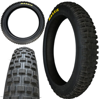 Pneu 20x2.5 cross Quax, montrant différents angles avec une surface texturée pour une meilleure adhérence, célèbre marque Maxxis visible sur le flanc du pneu.