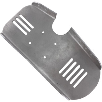 Semelle métallique pour échasses, plaque plate avec fentes de ventilation et trous de fixation.