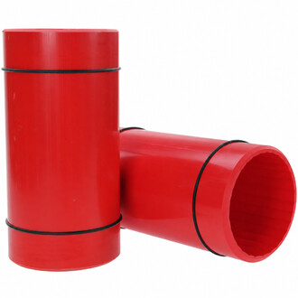 Due rulli cilindrici in PVC rosso per Rola Bola, con strisce antiscivolo in gomma nera.