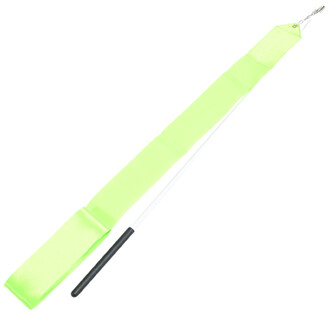 Ruban de gymnastique de couleur verte lumineux, rattaché à un bâton blanc avec une prise noire, conçu pour les performances de jonglerie et de danse.