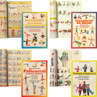 Collage of book covers and pages on balloon sculptures, showing illustrated tutorials and balloon figures (animals and characters), with multilingual titles such as Palloncini Nuove Sculture, Palloncini Da Sogno, Fantastic Balloons and Costumi di Pallonci