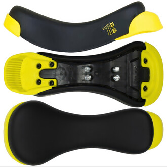 Selle Luxus avec poignée vue de dessus, montrant un design ergonomique en noir et jaune, avec des détails de fixation et une texture lisse pour le confort.