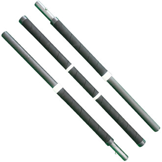 Tube carbone pliable Flowbonacci, constitué de trois sections de couleur noire avec des motifs en spirale et des raccords métalliques. Le tube est léger et conçu pour la jonglerie, avec des zones de préhension texturées pour une prise en main sécurisée.