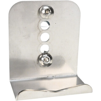 Talonette en inox avec trois trous de fixation et un espace pour vis, surface lisse et brillante, design robuste et fonctionnel, idéal pour maintenir des équipements de jonglerie.