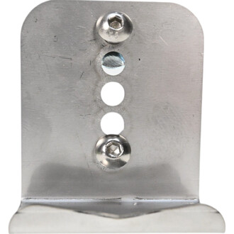 Talonette en inox avec trois trous pour vis, vue de face. Deux vis sont visibles à la base, et la finition en acier inoxydable donne un aspect durable et résistant à la corrosion.